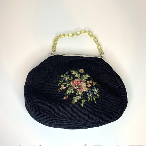 Vtg Needlepoint Purse Handbag Floral Tapestry Acrylic Lucite Close Chain 1950s - Picture 1 of 13